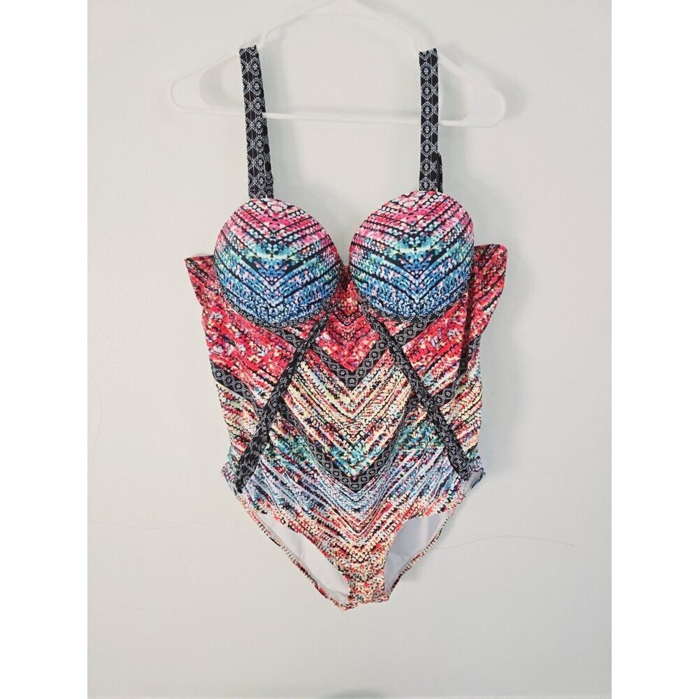 Meet Curve Multicolored Plunge Underwire Molded Cups One Piece Swimsuit 4X 4XL - Picture 3 of 12